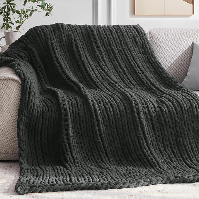 Negwoo Chunky Knit Throw Blanket, 50''*60'' Knitted Throw Chenille Yarn for Bed Couch, Handmade Dark Grey Crochet Big Thick Blanket, Machine Washable Cute Comfy Blanket for Home Decor
