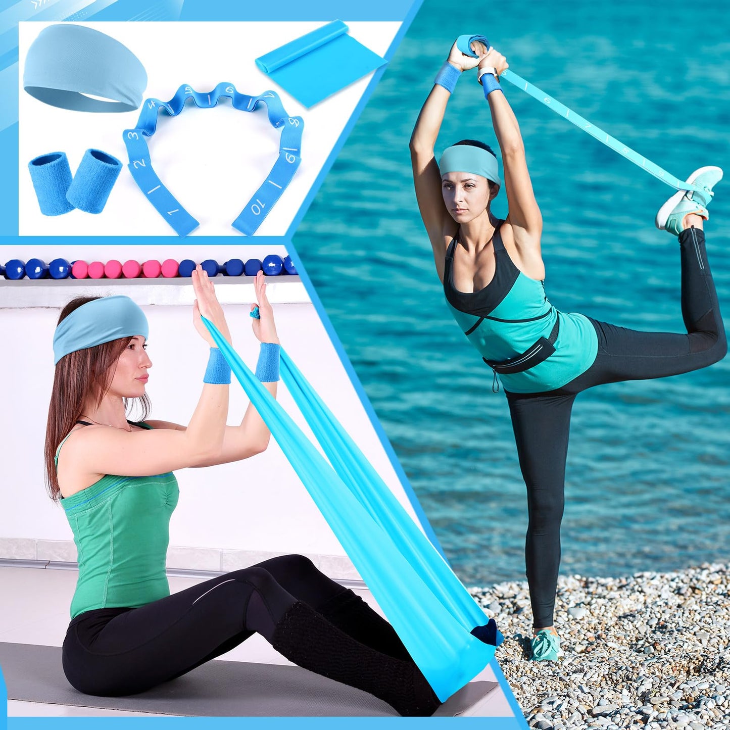 Poen 18 Pcs Home Pilates Ball and Ring Circle Set Yoga Fitness Essentials Kit with 5 Resistance Band Stretching Strap Non Slip Sock Ball Core Slider Wristband Headband Gym Bag for Women(Blue)