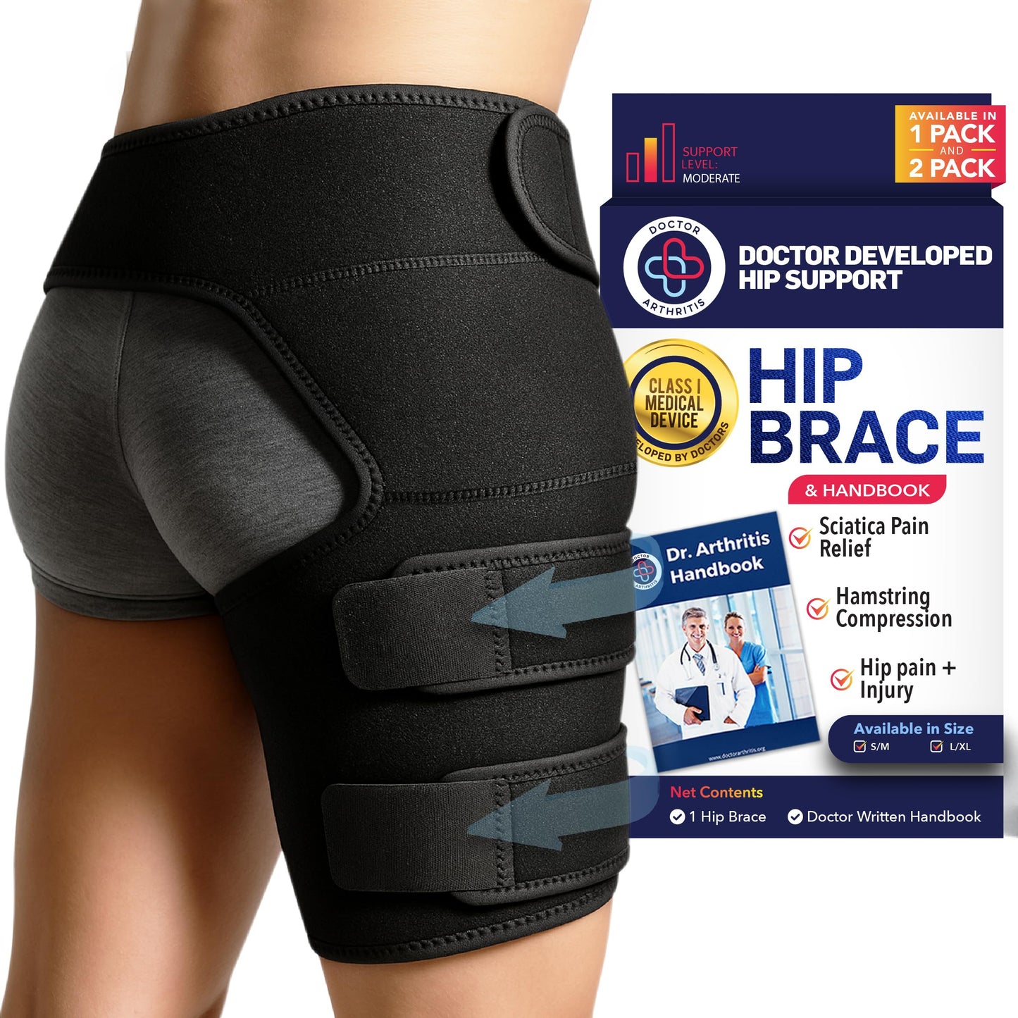 Doctor-Developed Hip Brace , Advanced Groin Compression Wrap for Sports & Leisure Goals, Sciatica Pain Relief Devices for Joint Injuries, hamstring brace, Hip Pain, Bursitis & Post-Surgery Recovery (BLK, L/XL)