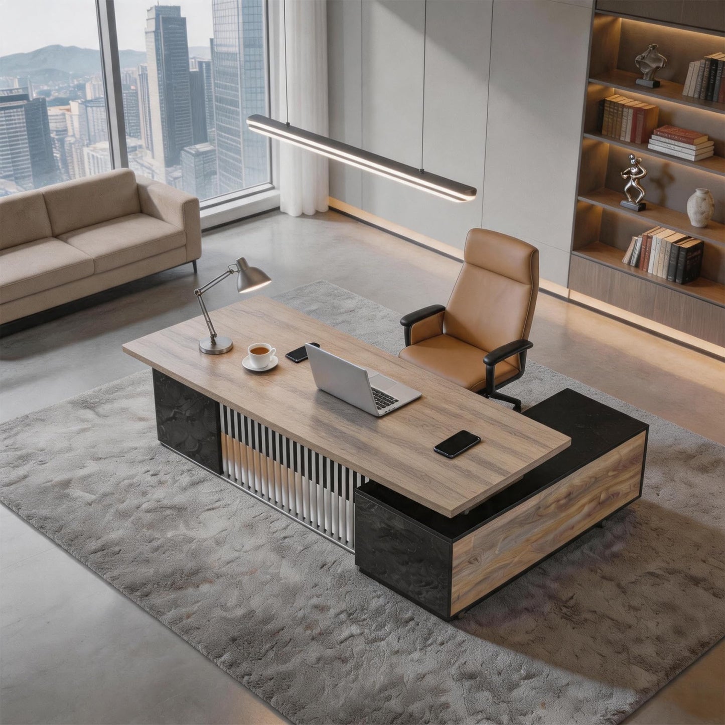 SAINTCY L-Shaped Executive Desk, Industrial Office Desk with Drawer & Cabinet, Large Wood Desktop, Unique Stainless Steel Privacy Screen (Left Return, 78.74")