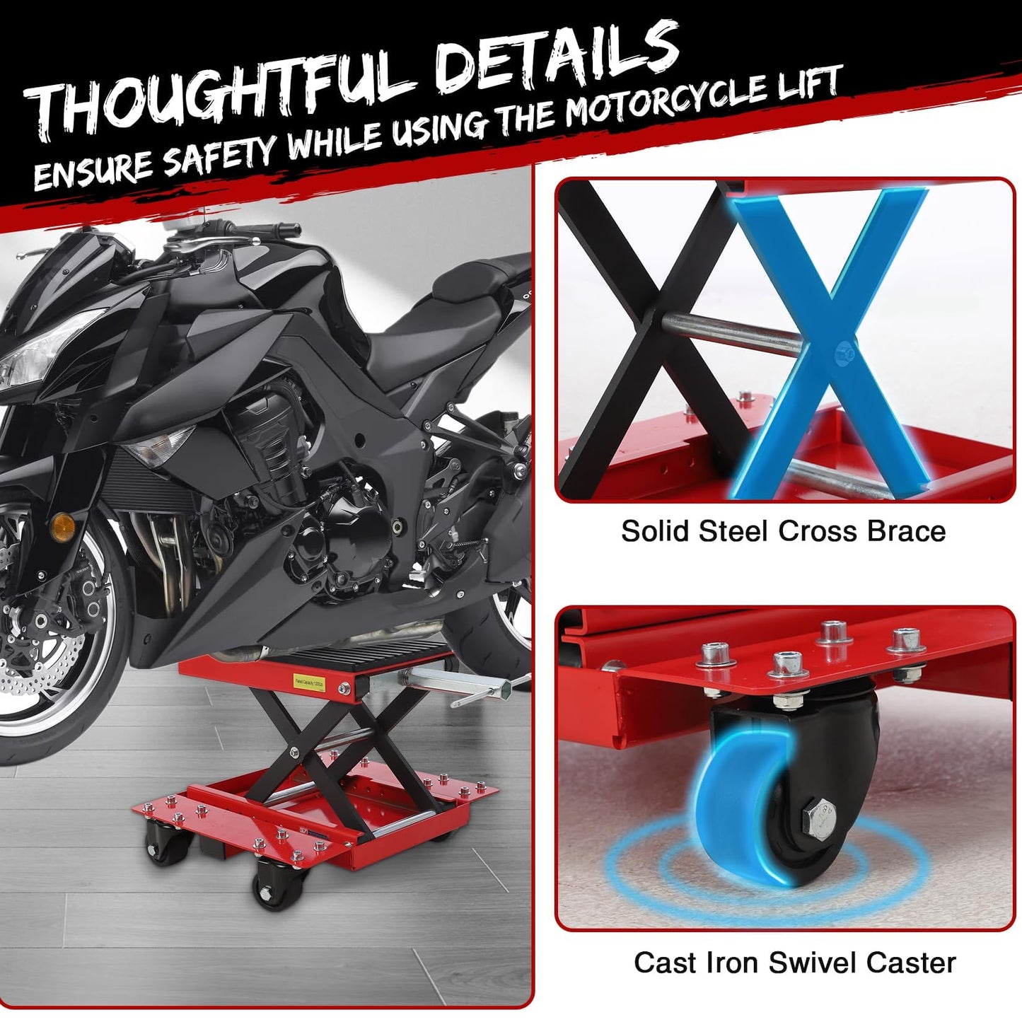 1200 LBS Motorcycle Lift, Dirt Bike Scissor Jack Lift Table with Hand Crank & Caster Wheels, 4.7"-15.4" Height Adjustable Center Hoist Stand for ATVs, Cruiser, Touring Motorcycles