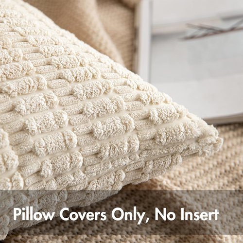 MIULEE Corduroy Throw Pillow Covers - Soft Boho Striped Design | 18x18 Inch Cream White for Modern Home Decor