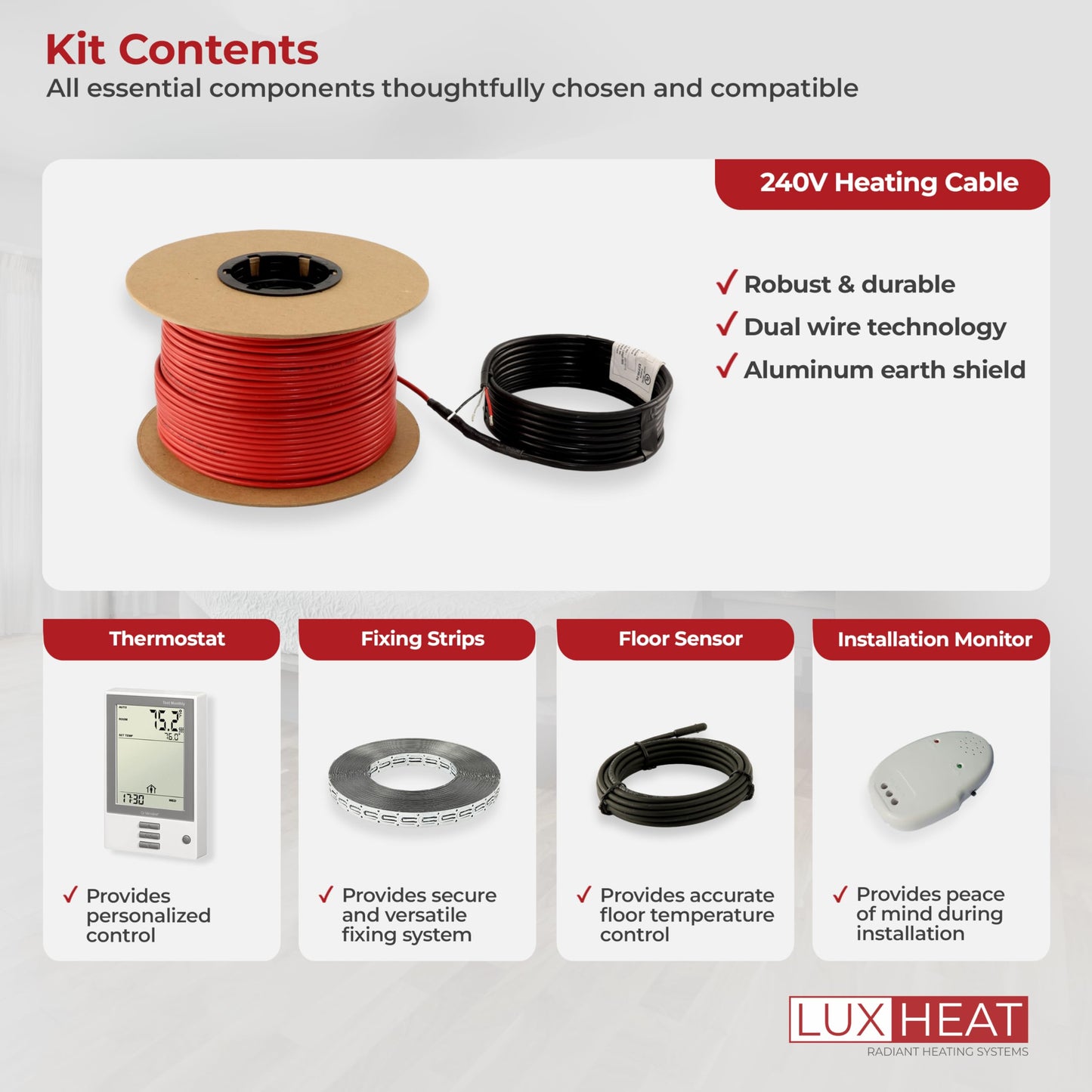 LuxHeat 200sqft Floor Heating Cable Kit - 240v Heated Bathroom Floor Kit - Heated Flooring System Includes UDG Programmable Thermostat w/GFCI, Heating Cable, Strapping, Flooring Sensor & Alarm