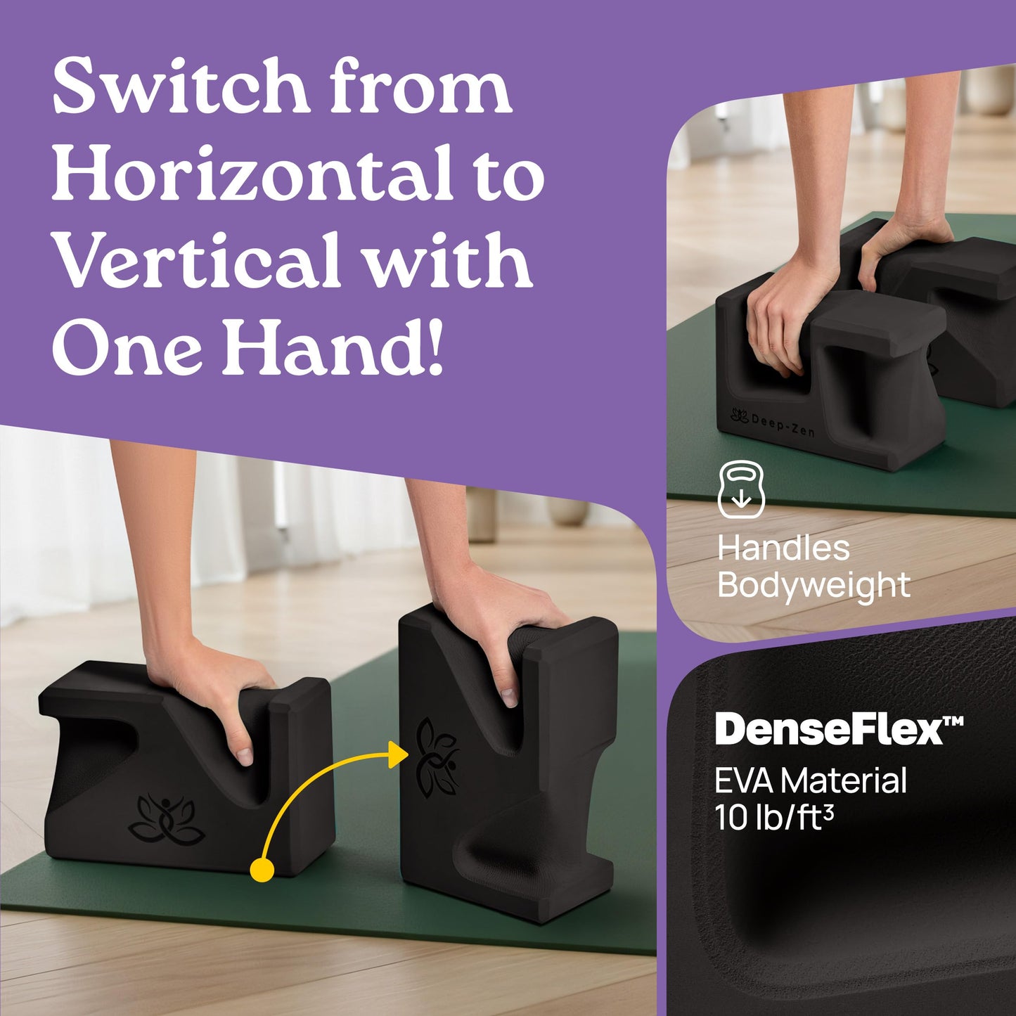 Deep-Zen PRO Yoga Blocks | Ergonomic Yoga Block 2 Pack for Wrist Comfort and Support | EVA Foam Exercise Blocks, 2x Knee Pads & Yoga Strap | Pilates Block Set | Bricks to Eliminate Wrist Pain, Black