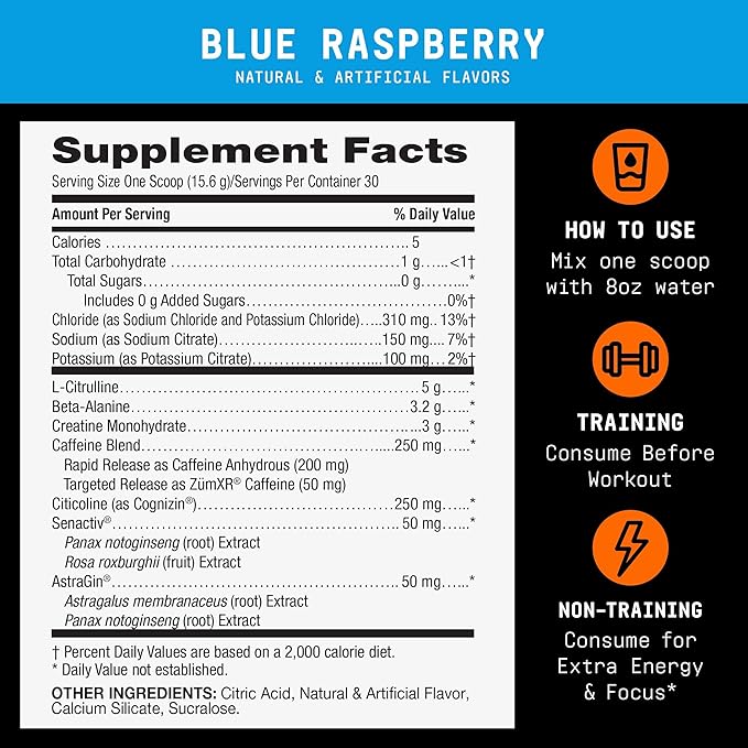 BEYOND RAW LIT V2 Clinical Strength Pre Workout Powder, Hits Harder, Bigger Pumps, Caffeine, L-Citrulline, Creatine, Blue Raspberry, 30 Servings