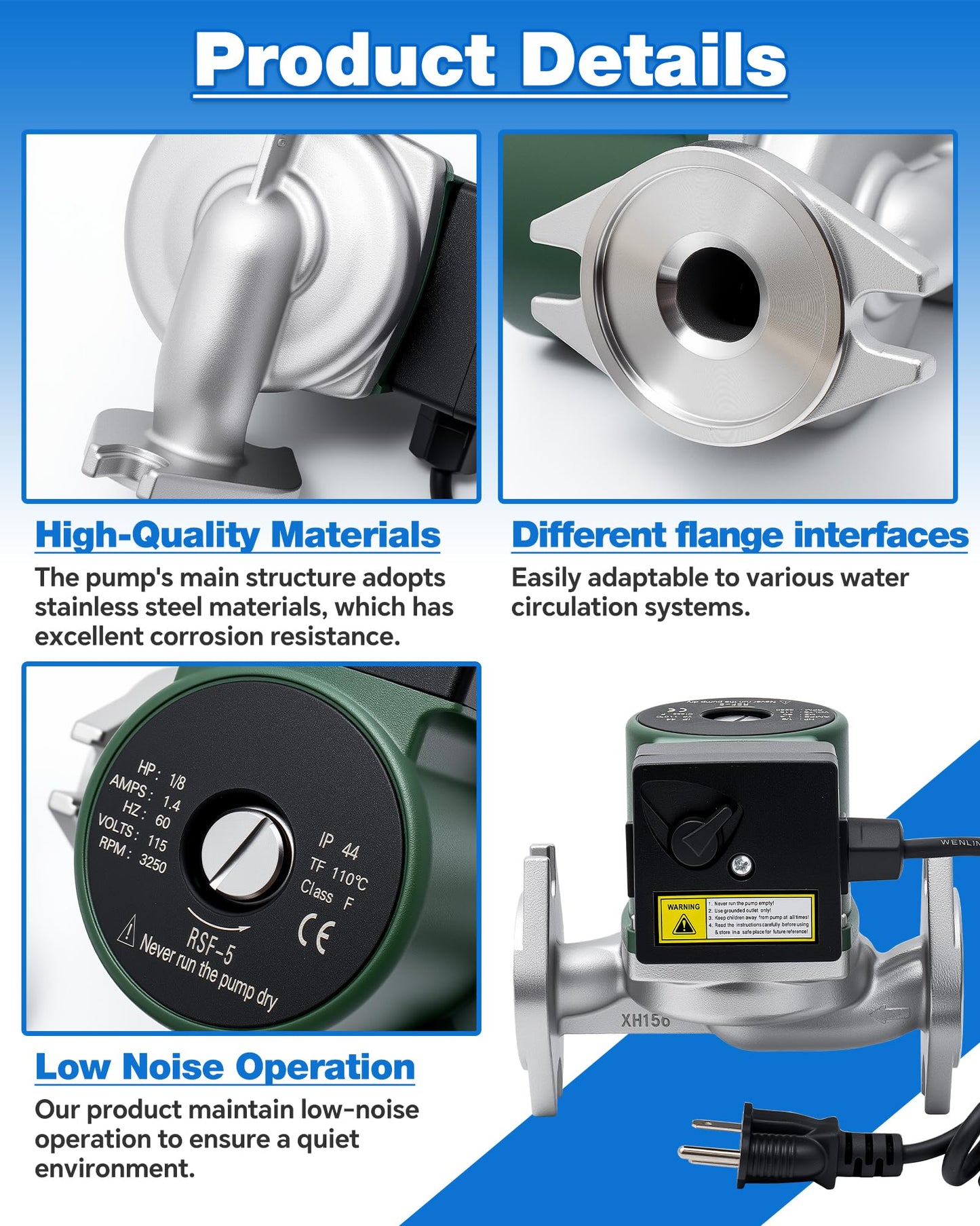 009-SF5 Water Circulating Pump Compatible with Taco Flanged High Velocity Cartridge Circulator Pump, 1/8 HP 115V 3250RPM 10GPM 150PSI, Replace# 009SF5