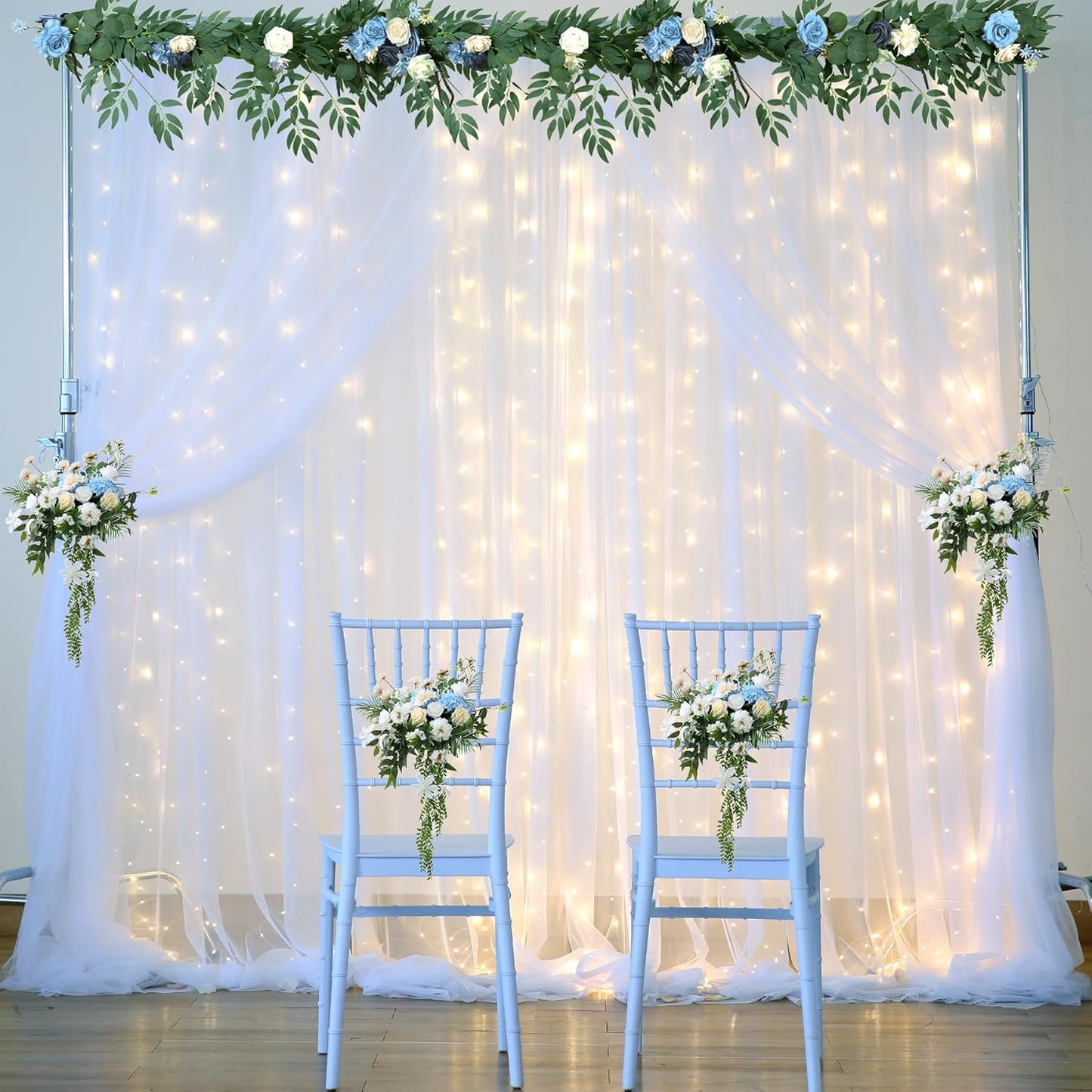 Suppromo 108ft Decorations(2 10ft8ft) White Tulle Backdrop Curtain with Lights String for Parites Sheer Backdrop