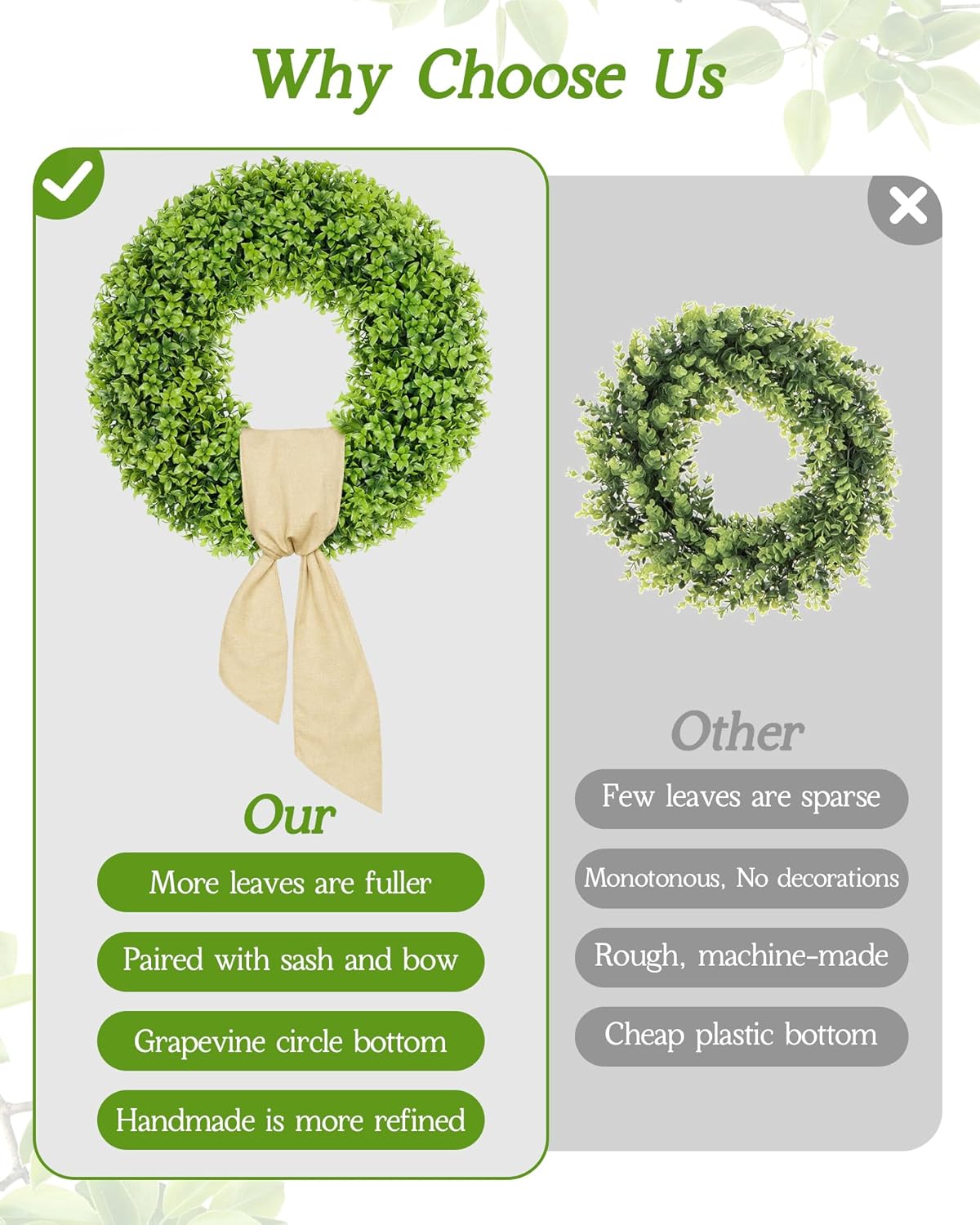 Vlorart 23-Inch Large Boxwood Door Wreath - All-Season Artificial Greenery with Sash & Bow for Indoor/Outdoor Decor