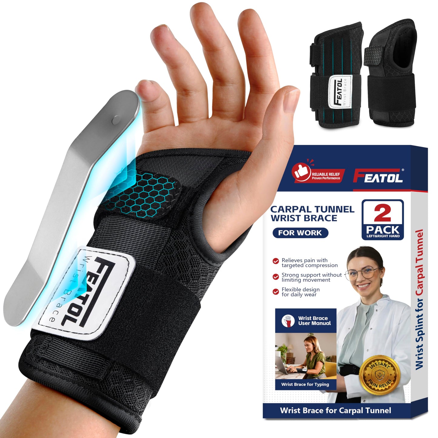 FEATOL 2 Pack Carpal Tunnel Wrist Brace For Work With Wrist Splint, 6.5'' Hand Brace Night Support For Women Men, Pain Relief For Tendonitis, Arthritis, Pregnancy, Typing, Right and Left Hand, Large