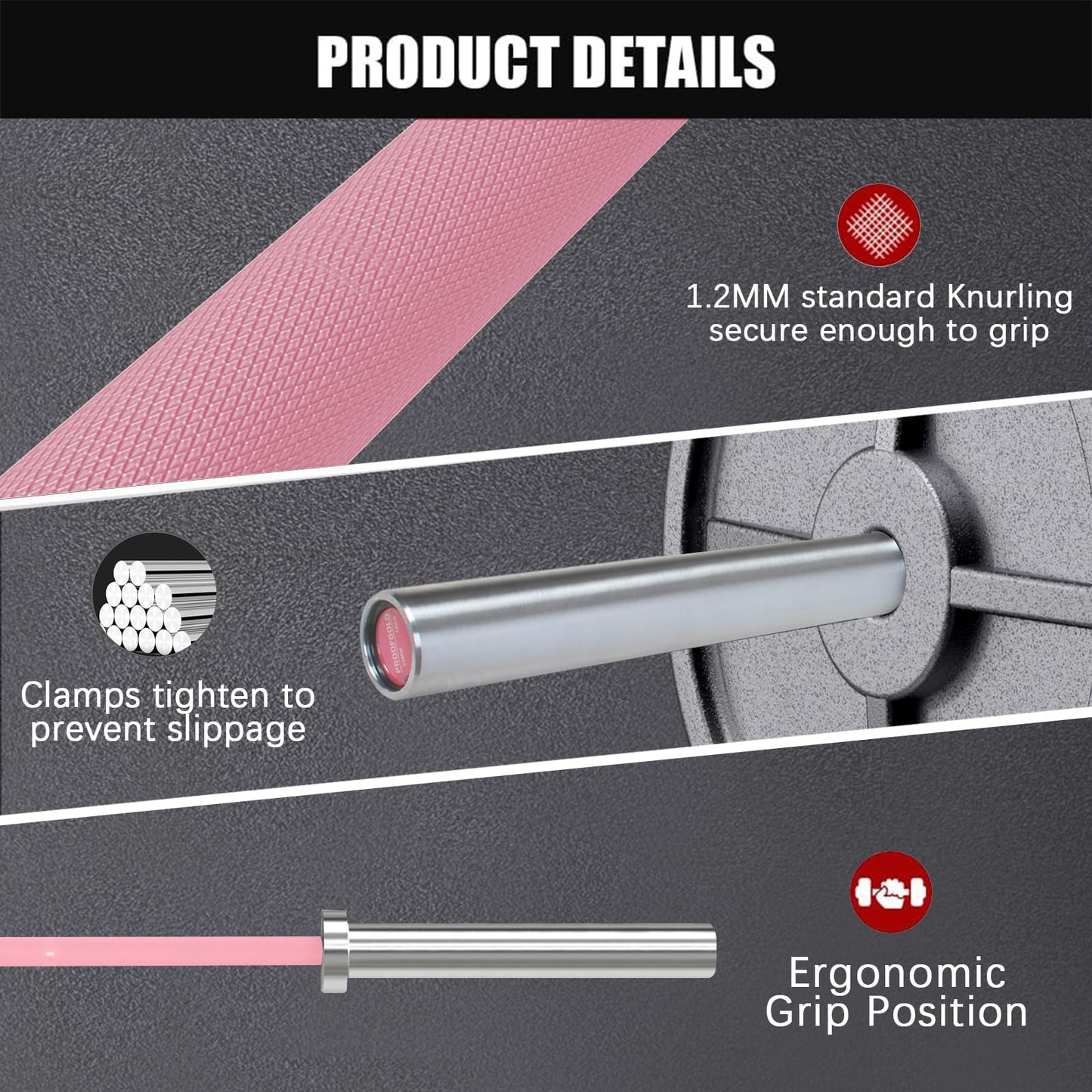 PROOFGOLD 6.6ft Olympic Barbell Bar,35Lb(15kg) Womens Barbell,Bench Press Bar for Squats and Deadlifts,2 Inch Olympic Weight Bar for Home Gym,500LB,Silver&Pink