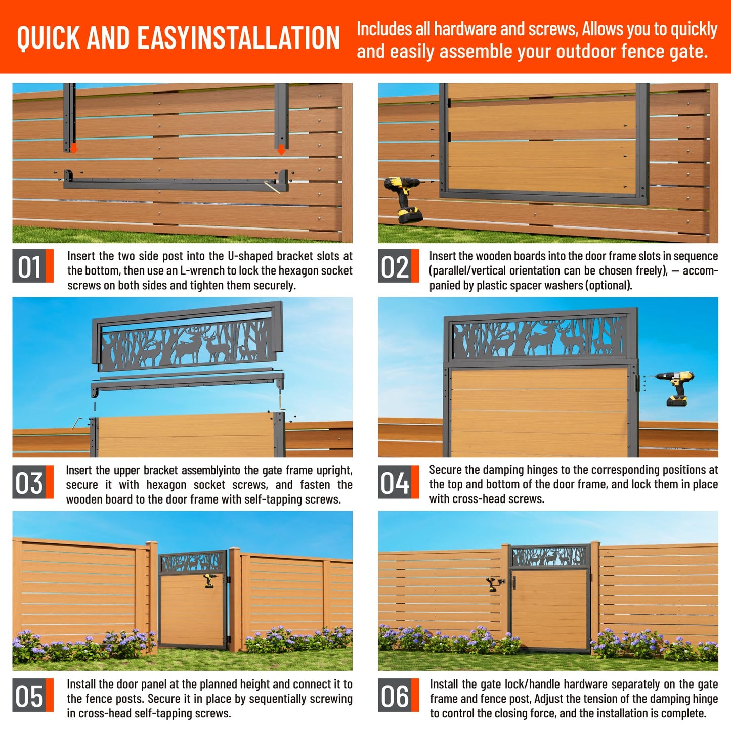 Uphode 4x5FT(46.8" x 59") 201 Stainless Steel Fence Gate Kit Heavy Duty, Anti Sag Metal Fence Gate Frame Kit with Aluminum Board, Morden Garden Gate Hardware Kit Outdoor (Left/Right Free-Installation)