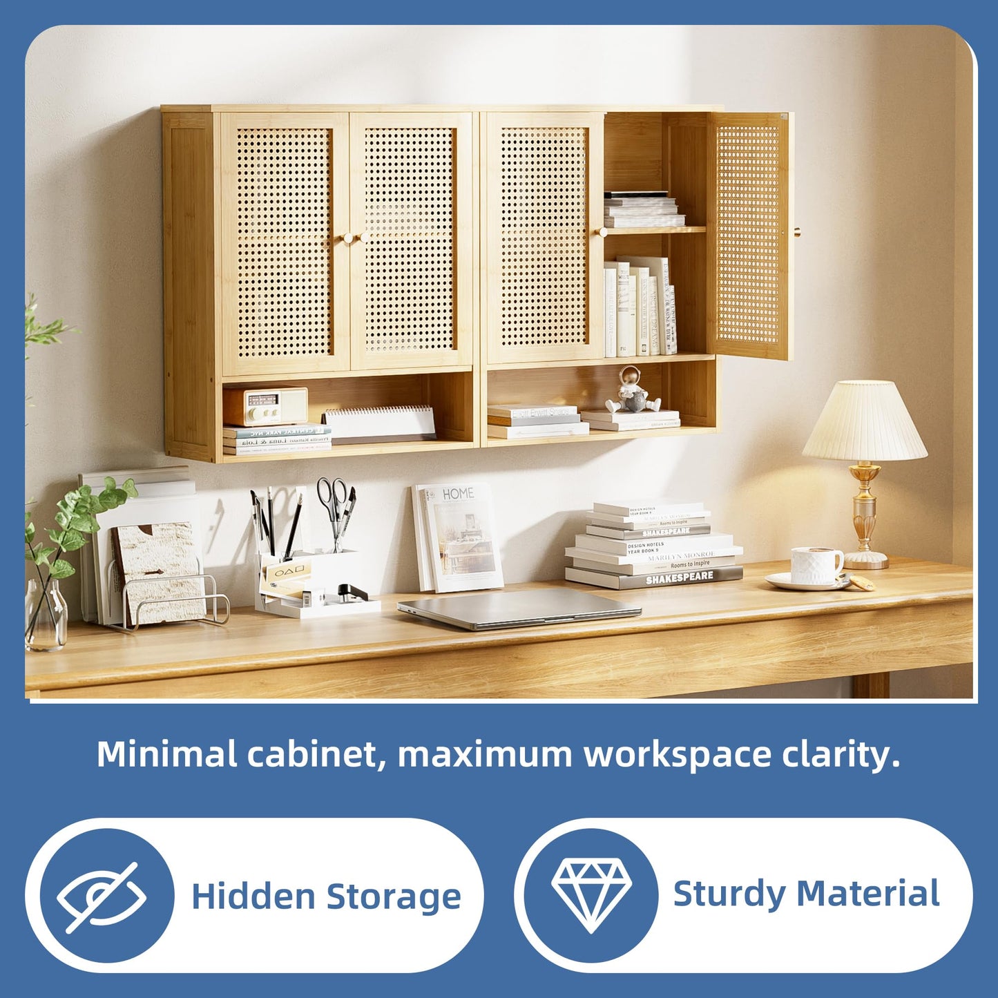 HITNET Rattan Hanging Bathroom Cabinet, Wall Mounted Bamboo Bathroom Cabinet with Double Doors and Adjustable Shelves, Storage Over the Toilet for Kitchen, Living Room, Laundry Room, Natural