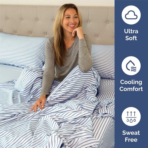 King Size 4 Piece Sheet Set - Luxury Cooling & Breathable Bed Sheets - Soft, Wrinkle-Free Blue Stripes