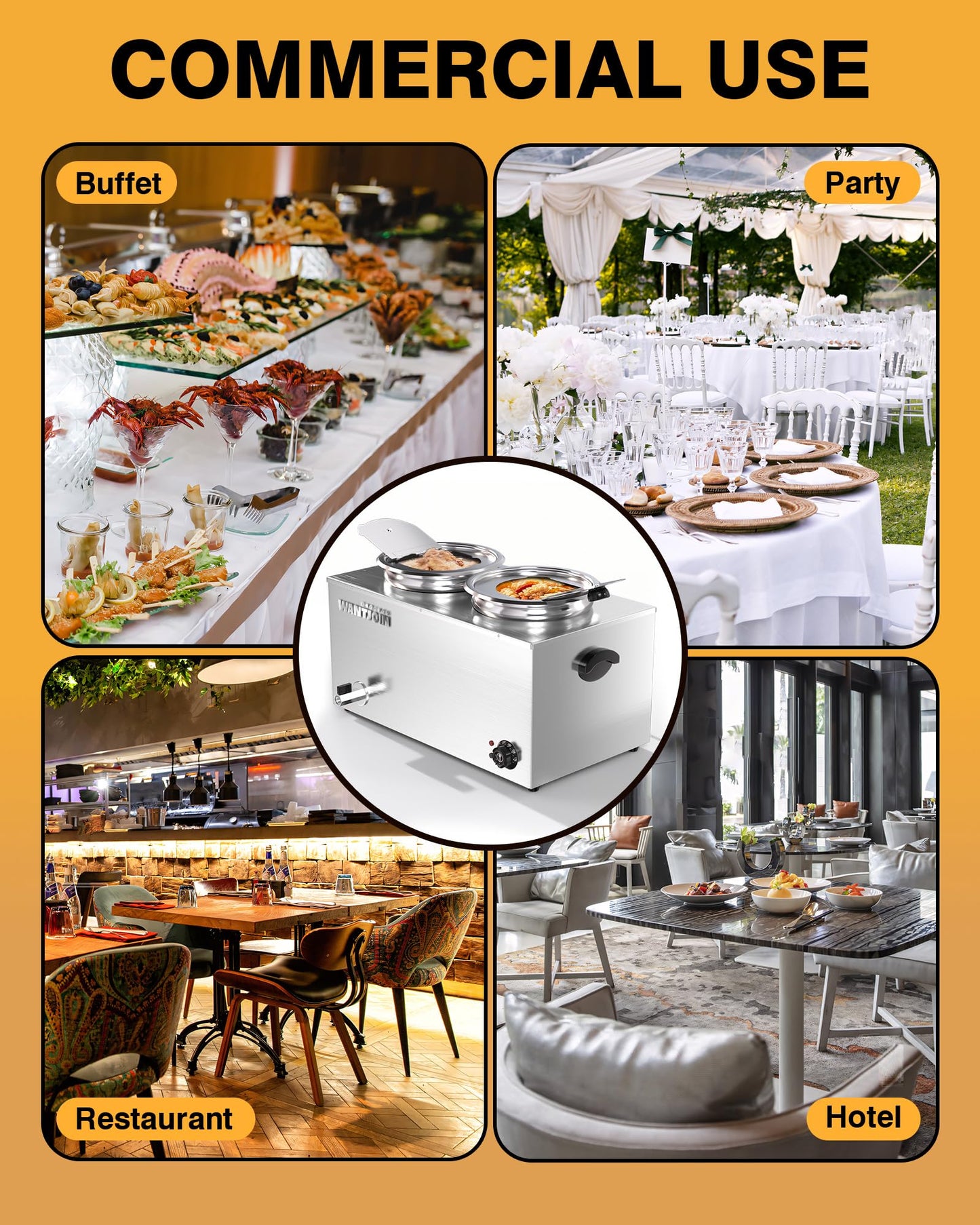 WantJoin Soup Warmer Commercial - 20 QT Stainless Steel Bain Marie Round Pot 86~185°F Adjustable Temp, 1500W Electric Steam Table Countertop,Anti-Dry Burn Reset Button for Restaurant, Buffet