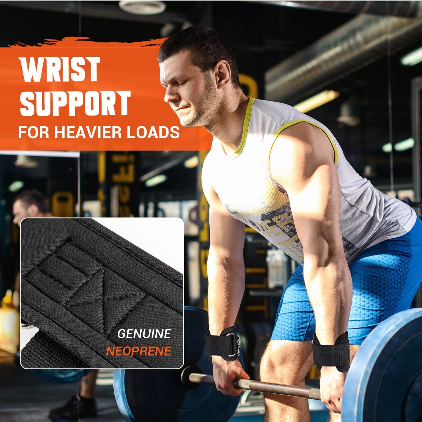 Weight Lifting Straps with D Rings, 2 In 1 Heavy Duty Gym Wrist Straps for Men, 8mm Neoprene Padded Non-Slip Lifting Wrist Straps for Weightlifting, Deadlifting, Cable Machine Workouts & Pull-Ups