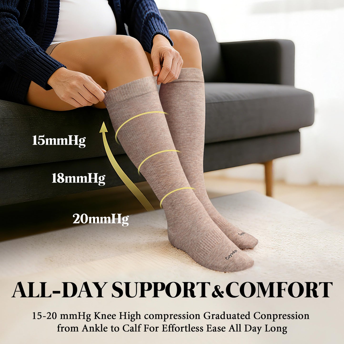 Cuyankin Compression Socks for Women and Men Cotton 15-20mmHg Knee High Soft Support Sock for Nurses, Flying, Travel, Pregnancy,Improve Circulation, Cream, Brown, Coffee
