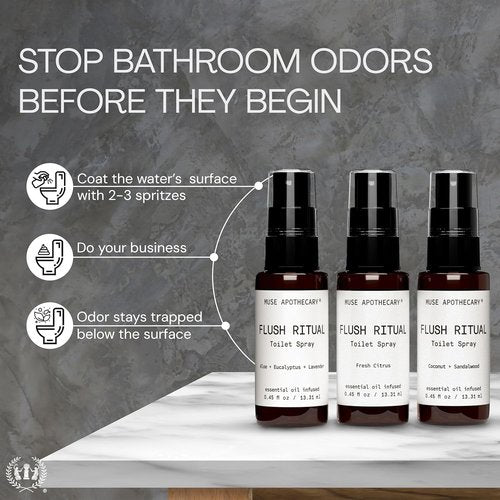 Muse Apothecary Flush Ritual Toilet Spray - Aromatic Essential Oil Blend with Aloe, Eucalyptus & Lavender - Travel Size Mini Collection, 0.45 oz, 3 Pack