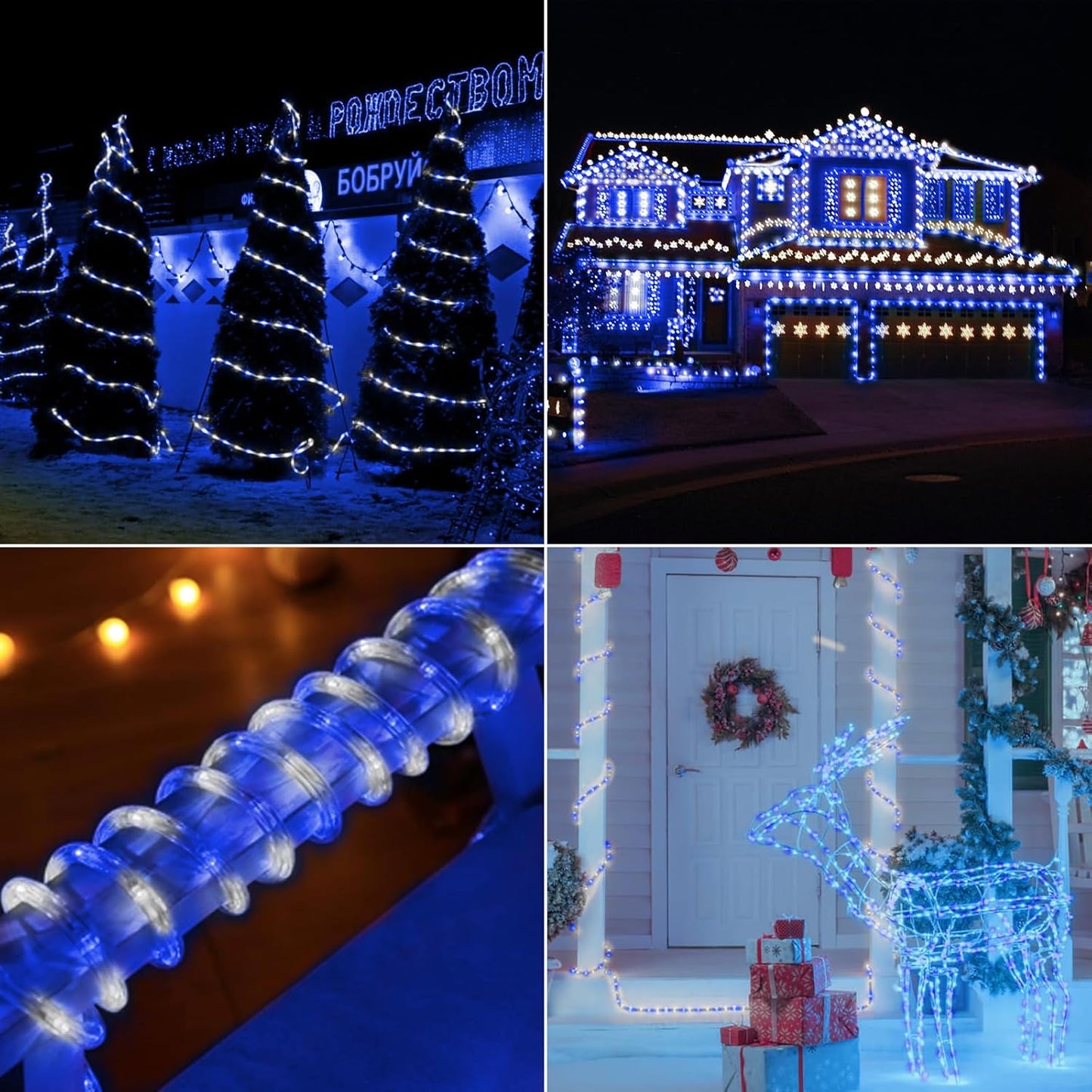 Skiennix 200ft LED Rope Lights - Waterproof Flexible Tube Lighting with 8 Modes | White & Blue for Outdoor Decor