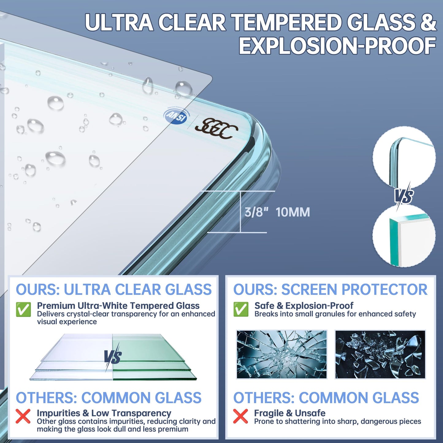 AquivaCoast 36" x 78.75" Shower Glass Panel, 3/8" (10mm) Ultra-Clear Tempered Glass with Explosion-Proof Film Shower Screen, Includes Wall Clamps, Chrome