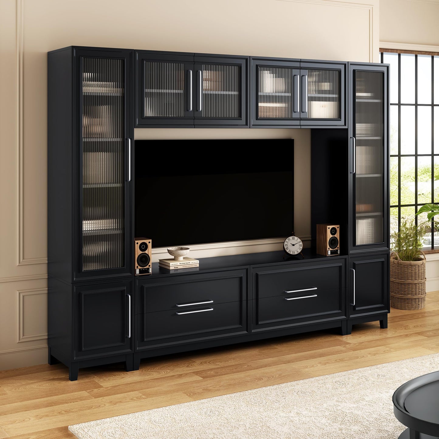 Merax 102" W Wall Unit Modern Entertainment Center with Glass Doors for TVs up to 75", Large Minimalist TV Stand Media Console with Drawers, Glass Doors for Living Room, Black