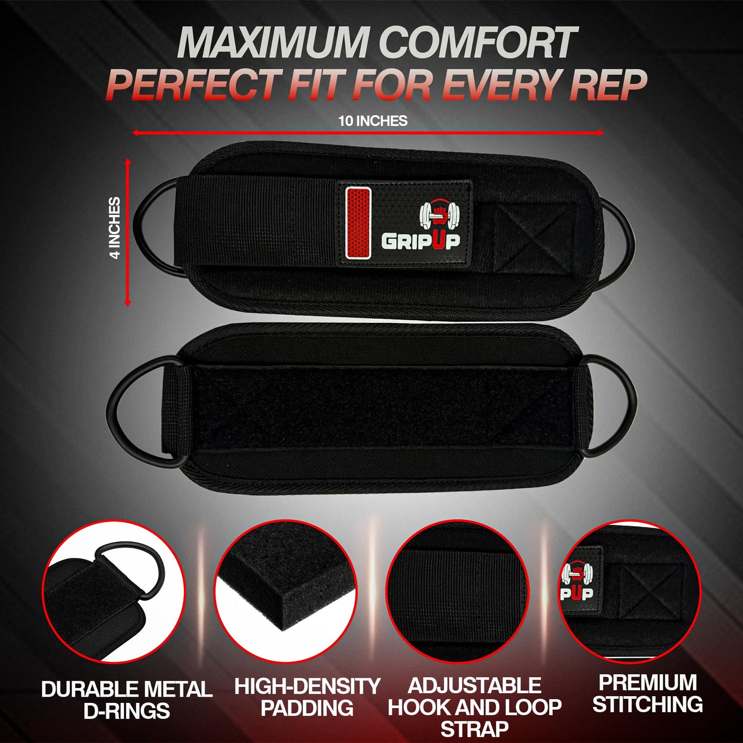 GripUp Adjustable Neoprene Ankle Straps for Cable Machines – Heavy Duty Ankle Cuffs for Leg Workouts, Kickbacks, Glute Training, Resistance Bands – Secure Fit for Women & Men (Pair, Black) (Black Single)