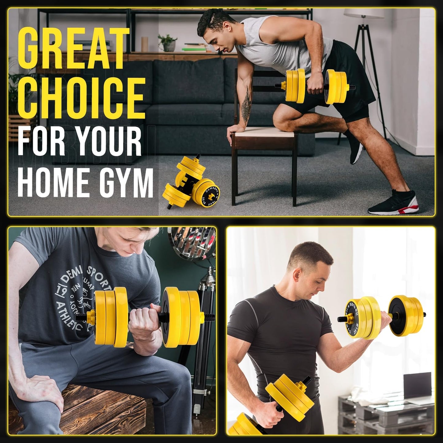 2-in-1 Adjustable Weight Set 44 Lb, Adjustable Weights with Foam Shoulder Connector Used As Dumbbell and Barbell Set, Yellow