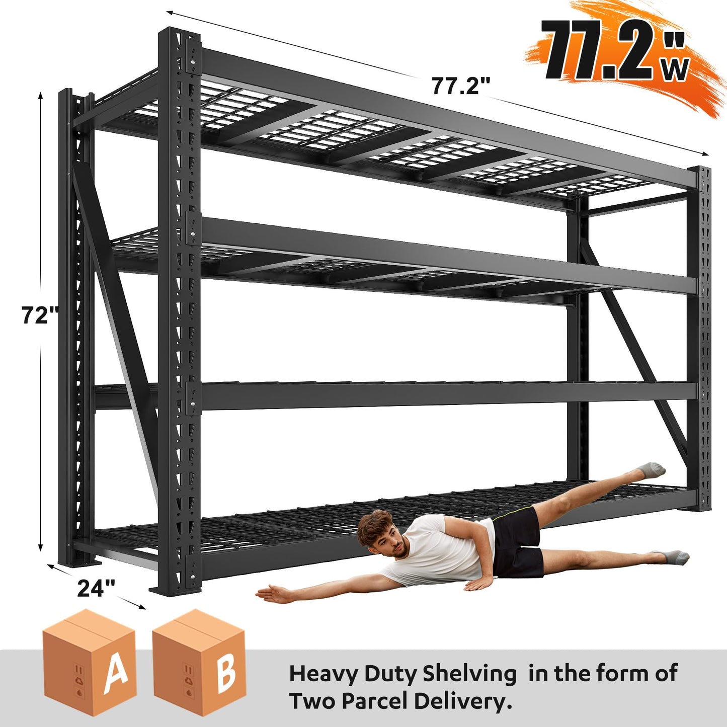 Bepatio 8000LBS Heavy Duty Garage Shelving,77"W Industrial Storage Shelves,4 Tier Adjustable Metal Shelving Unit,Rust Proof Large Tall Steel Rack for Basement,Warehouse,Commercial Use24"D x 72"H,Black