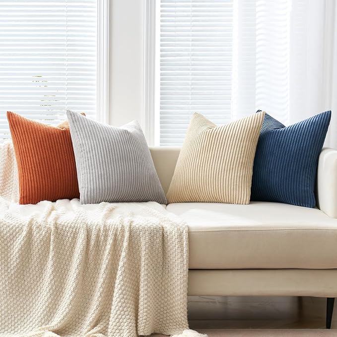 MIULEE Boho Farmhouse Throw Pillow Covers 20x20 Inch Set of 4 Summer Mordern Neutral Cushion Covers Soft Corduroy Nordic Home Decor for Couch Bed Sofa Living Room Blue-Yellow