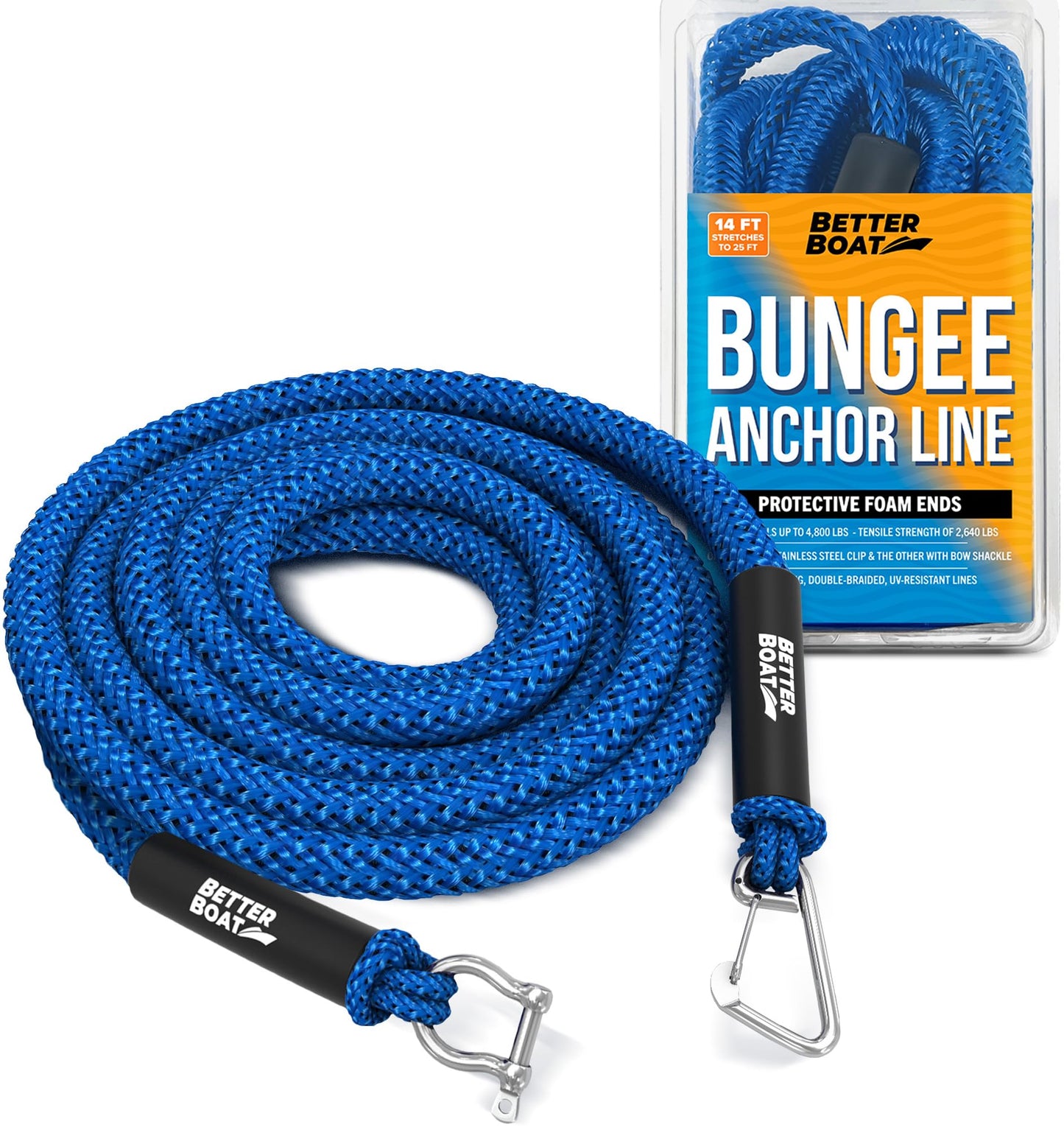 Bungee Anchor Rope, Elastic Snubber Anchor Line, 14 ft to 25 ft Stretch, Blue, for Boats and Anchors
