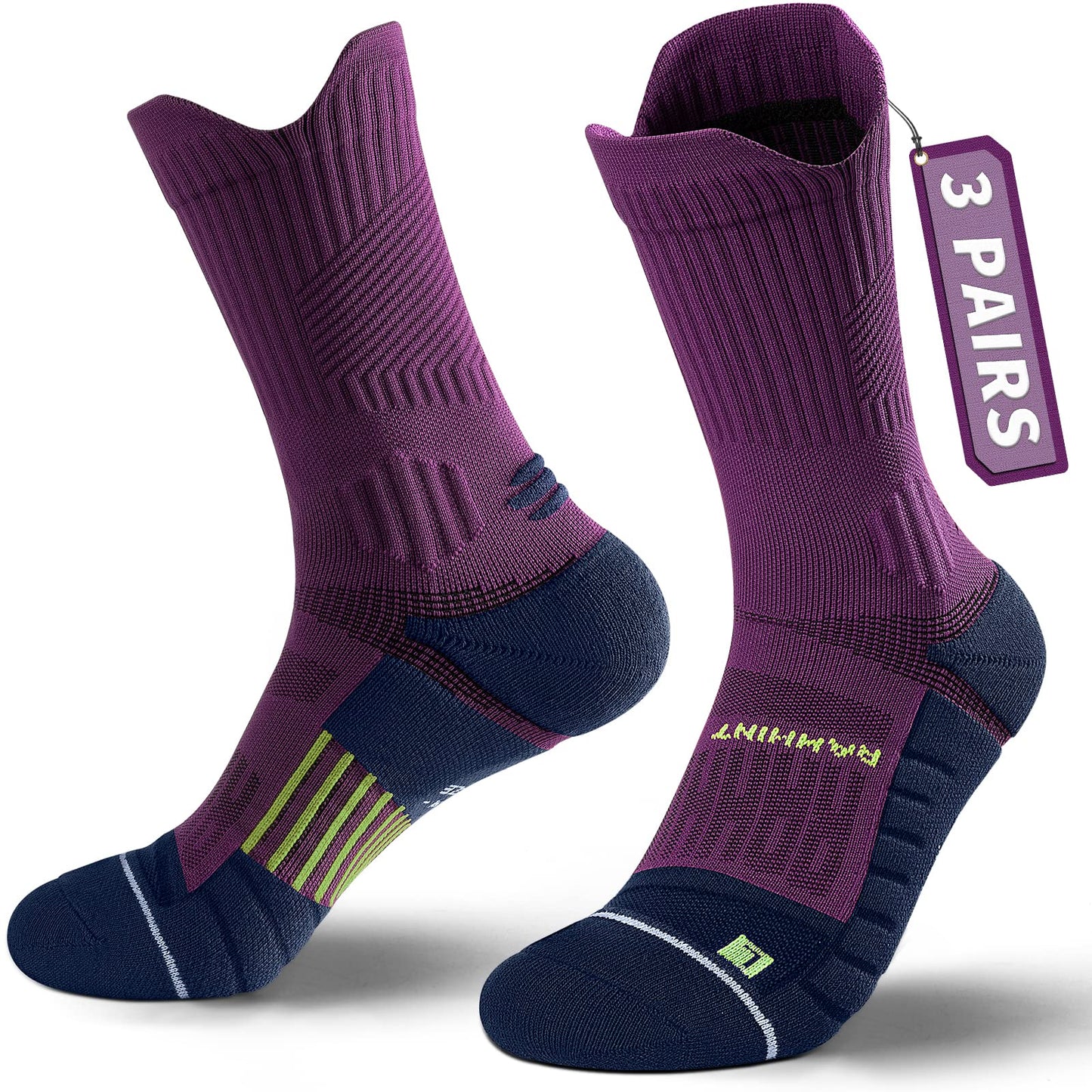 Rahhint Compression Running Socks 3 Pairs, Cushion Crew Socks, Anti-Blister Moisture Wicking Athletic Hiking Basketball Socks