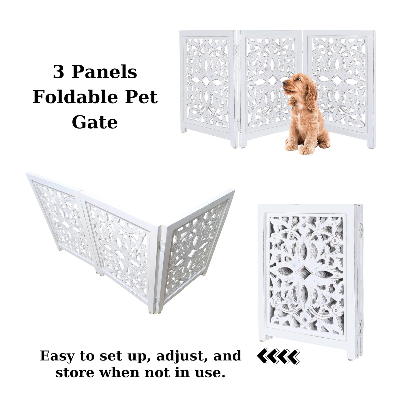 Lightnpro Foldable Carved Wooden Dog Gate - Freestanding 3-Panel Pet Barrier for Dogs - Decorative Walk-Over Fence for Stairs, Doorways & Hallways - Portable & Adjustable - Antique White (24x18 Inch)