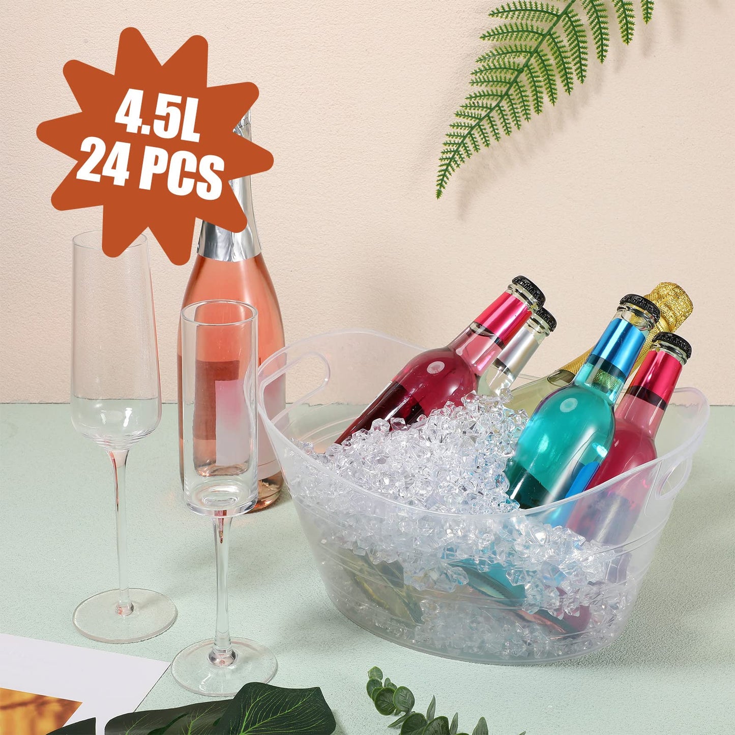 Norme 24 Pcs Oval Storage Tub with Handles, 4.5l Plastic Ice Buckets Bulk for Wine Beer Champagne Drink Cooler Beverage Storage Tub for Parties BBQ Weddings Party Outdoor Celebration(Clear)
