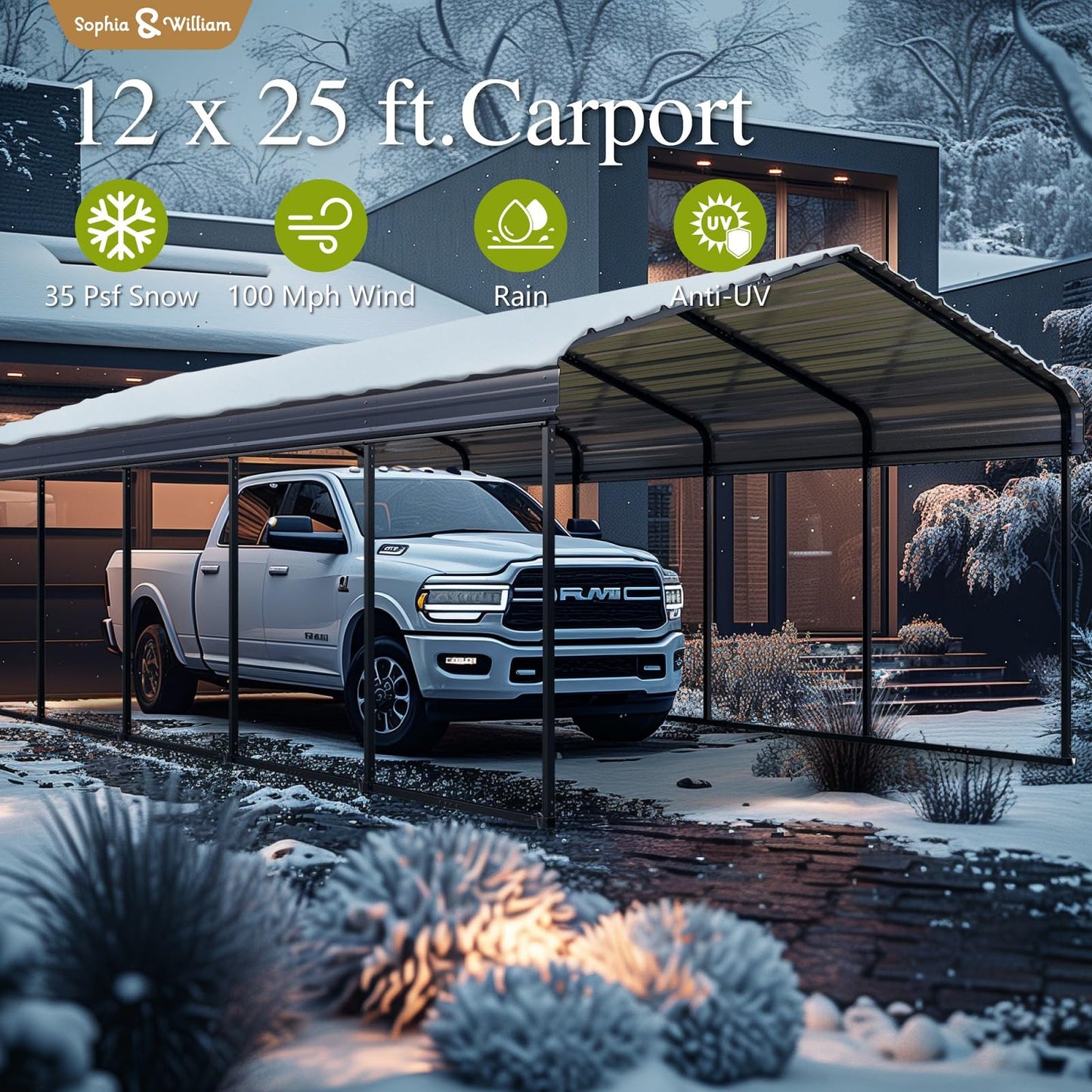 Carport 12x25 ft, Heavy Duty Car Ports Porable Garage Kit Shed Tent Shelter Metal Frame All Weather Outdoor for Boat with Removable Sidewalls, Grey