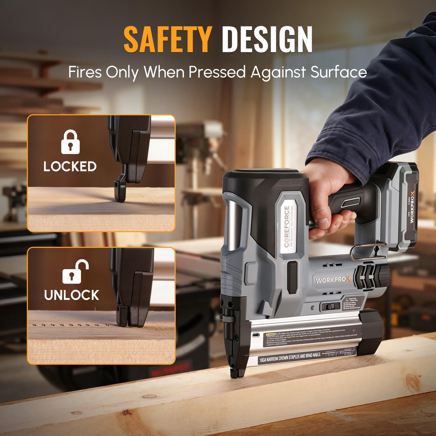 WORKPROX 20V Cordless Brad Nailer kit, 18 Gauge 2-in-1 Nail & Staple Gun with 2.0Ah Rechargeable Battery, 1000 Staples & 1000 Nails, for Woodworking, Upholstery, DIY Projects & Home Improvement