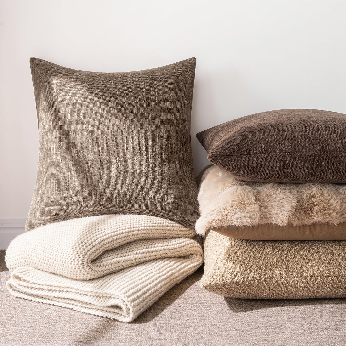 MIULEE Pack of 2 Decorative Throw Pillow Covers Soft Chenille Throw Pillows Solid Textured Euro Cushion Covers for Couch Sofa Bedroom Living Room 22x22 Inch, Taupe Grey