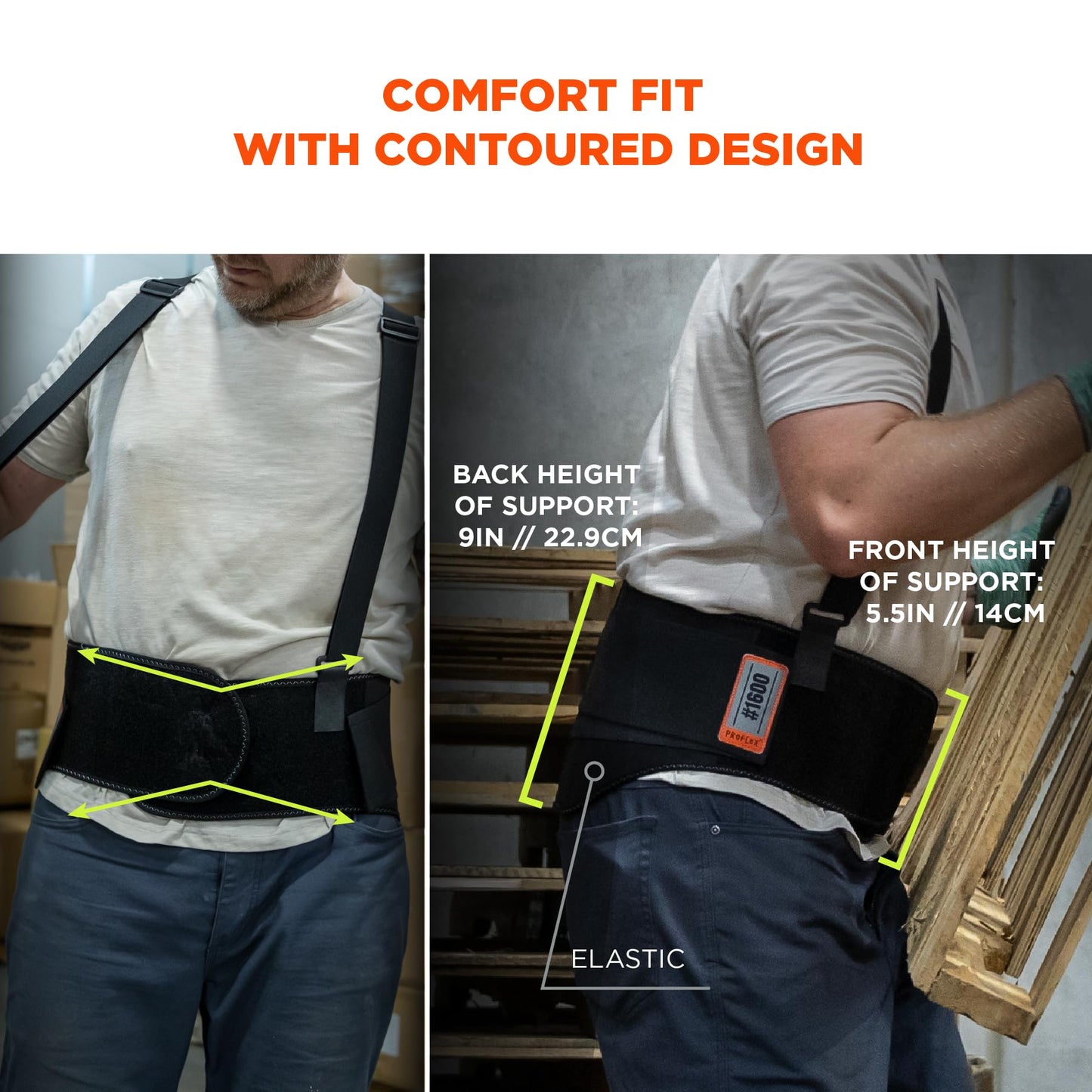 Ergodyne ProFlex 1600 Back Support Brace, 9" Extended Support, High Cut Front For Mobility, Large,Black