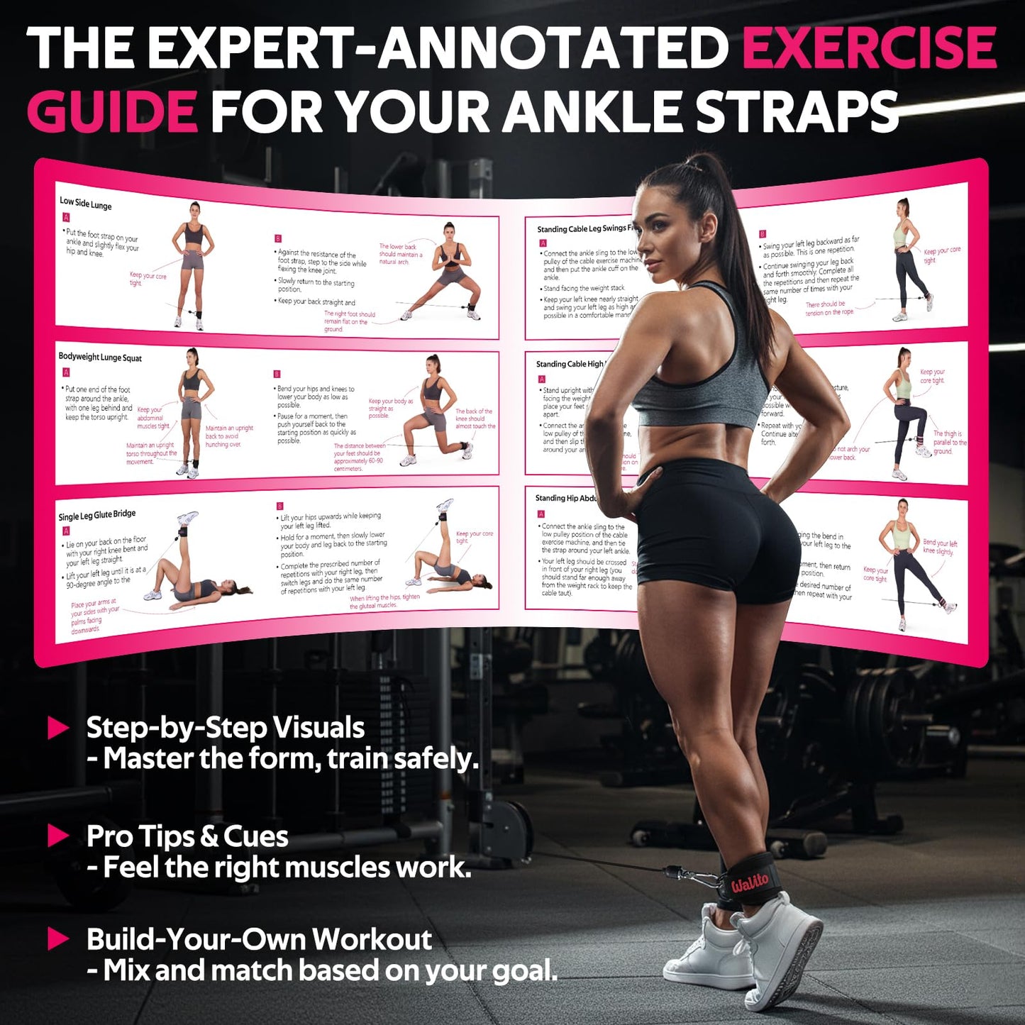 WALITO Ankle Straps for Cable Machines Women - Glute Ankle Cuff Kickback Strap, Gym Cable Machine Accessories for Glute Leg Extensions, Hip Abductors & Lower Body Exercises Equipment