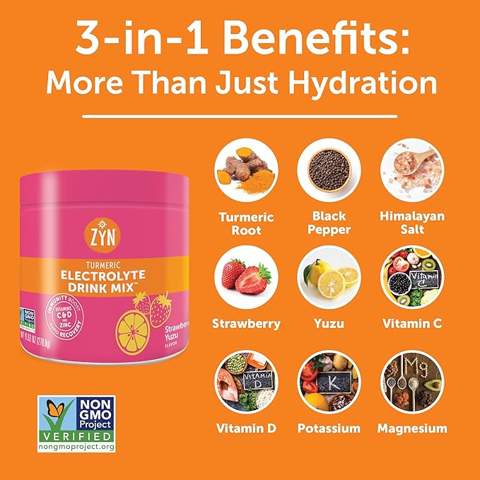 ZYN Electrolyte Hydration Drink Mix (30 Servings), Strawberry Yuzu Electrolytes Powder, Hydrating Formula w/Turmeric Curcumin, Vitamin C & D, Zinc, Electrolyte Support Drink Mix