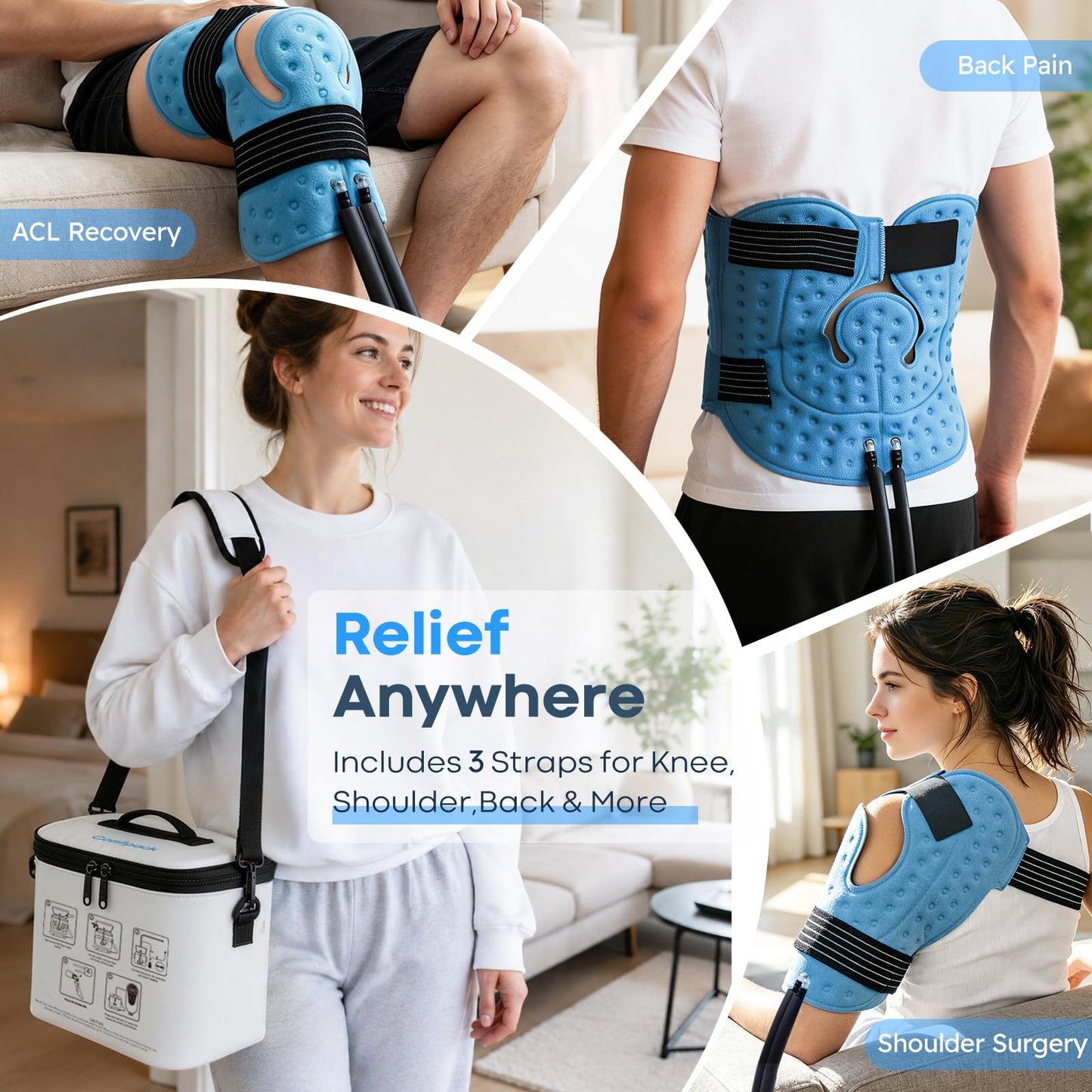 Comfpack Cold Therapy Machine, Portable Ice Machine for Knee After Surgery with Programmable Timer and Quiet Pump, Cold Water Circulation System for ACL Rotator Cuff, Shoulder and Hip Surgery Recovery