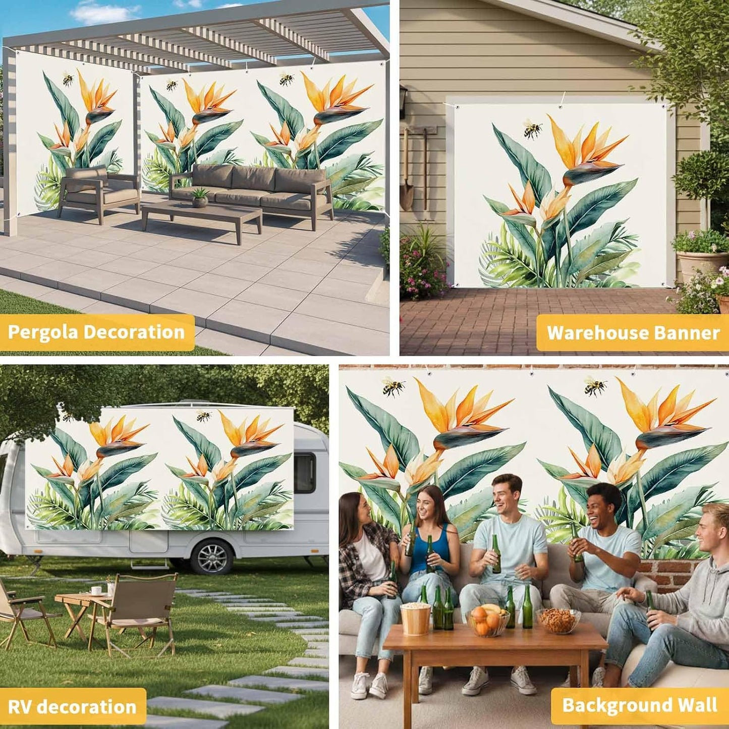 Jimehezon 8x6.9ft Summer Grommets Bird of Paradise Garage Door Banner Tropical Plant Bee Flower Botanical Garage Door