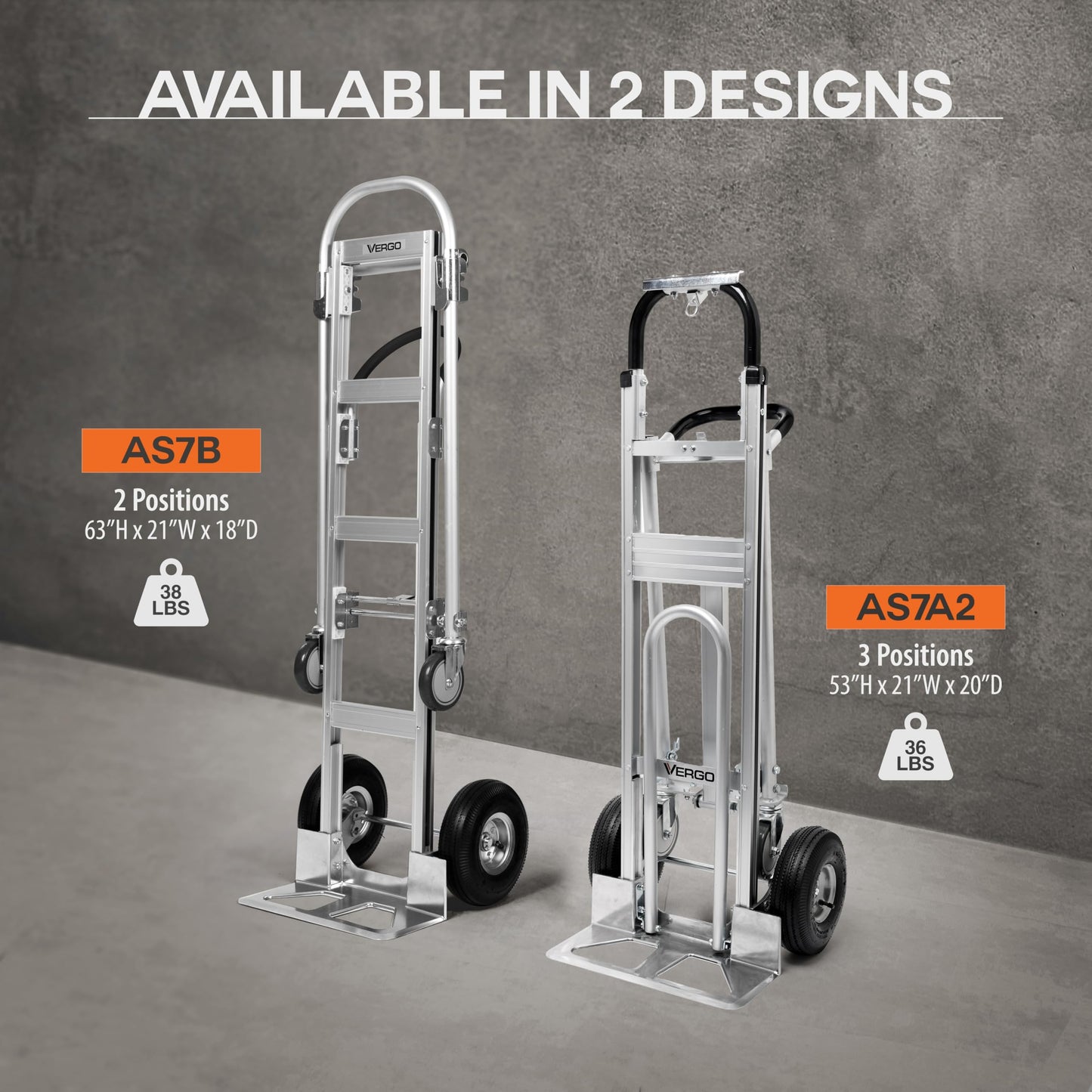 Vergo Industrial Convertible Hand Truck - AS7A2 Heavy Duty Aluminum 3 in 1 Dolly (750 lb Capacity) Lightweight Frame, Ergonomic Handle, Extendable Loop, Versatile Moving Dolly (3 Positions 53" High)