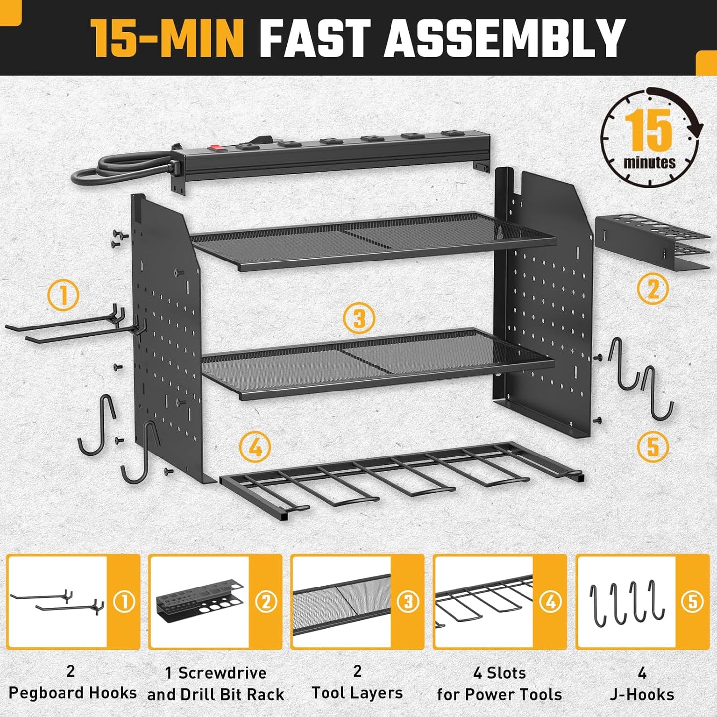 ZESEN Power Tool Organizer - 3-Layer Wall Mount Charging Station with 6 Outlets & Drill Holders - Black