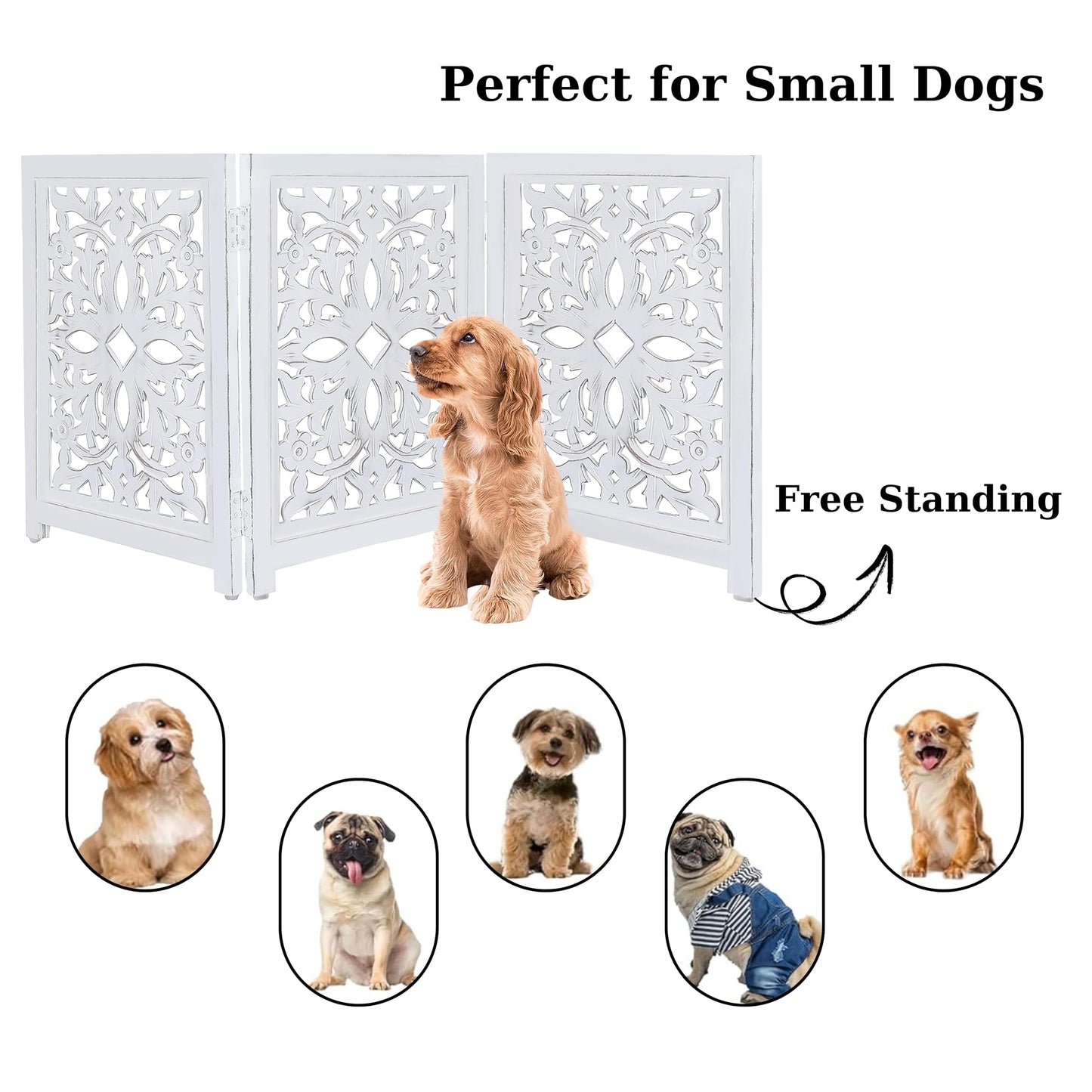 Lightnpro Foldable Carved Wooden Dog Gate - Freestanding 3-Panel Pet Barrier for Dogs - Decorative Walk-Over Fence for Stairs, Doorways & Hallways - Portable & Adjustable - Antique White (24x18 Inch)
