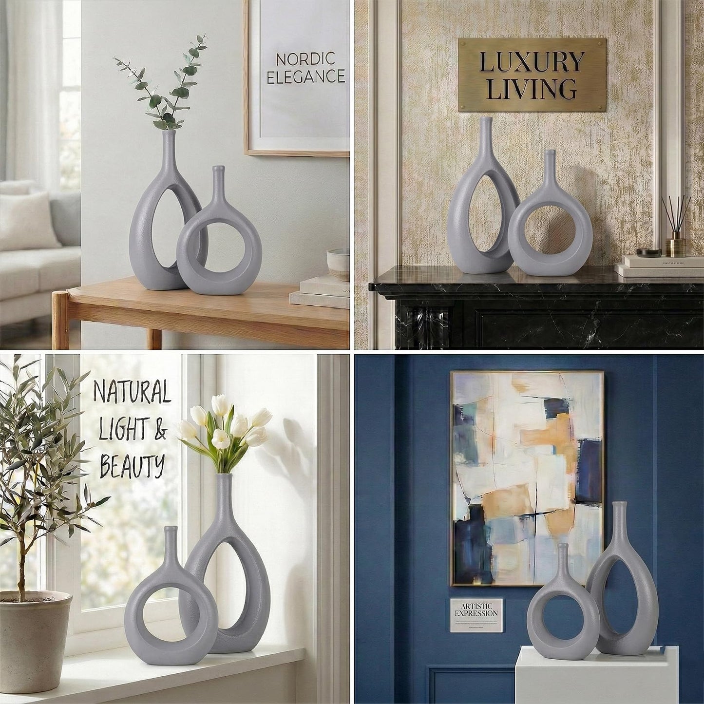 Gray Ceramic Hollow Elliptical Vase Set of 2 - Boho Circle Vase with Hole, for Modern Grey Table Decor, Living Room Decor Shelf mid Century Modern Home Entrance Decorative vase