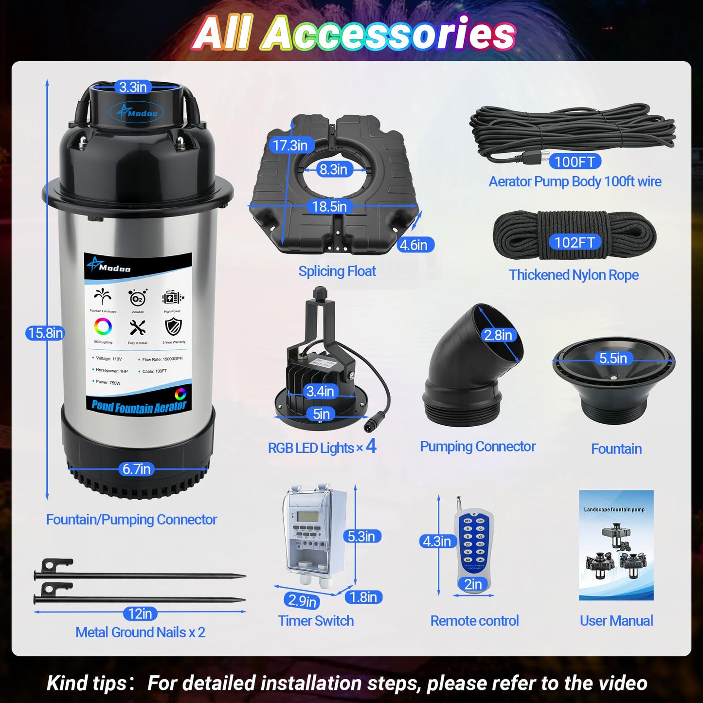 Pond Fountain Aerator with Lights Dynamic RGB Light 1HP 750W Floating Fountain for Pond Lake, 110V 15000 GPH Fully Automatic Stainless Steel Fountain Pump 100Ft Cord with 4 LED Lights and Nail, Rope