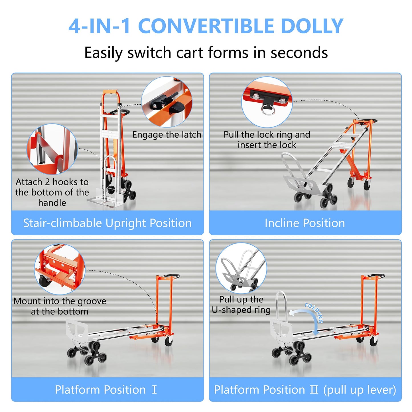 4 in 1 Industrial Convertible Stair Climbing Cart 1000 LBS Capacity, Heavy Duty Aluminum Hand Truck Dolly Cart with Solid Wheel, Folding Stair Climbing Cart Trolley for Transport Logistics Moving