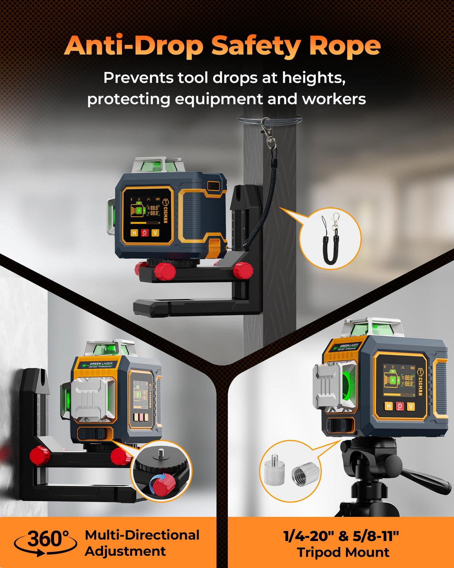 CIGMAN Green Laser Level, 3x360° Side LCD 12-Line Self-Leveling, Bluetooth App Remote, Pulse Mode for Receiver, ±1/8 in. at 33 ft Accuracy, 2x Li-ion (USB-C), 1/4-20 Mount, IP54, ABS Hard Case - S03