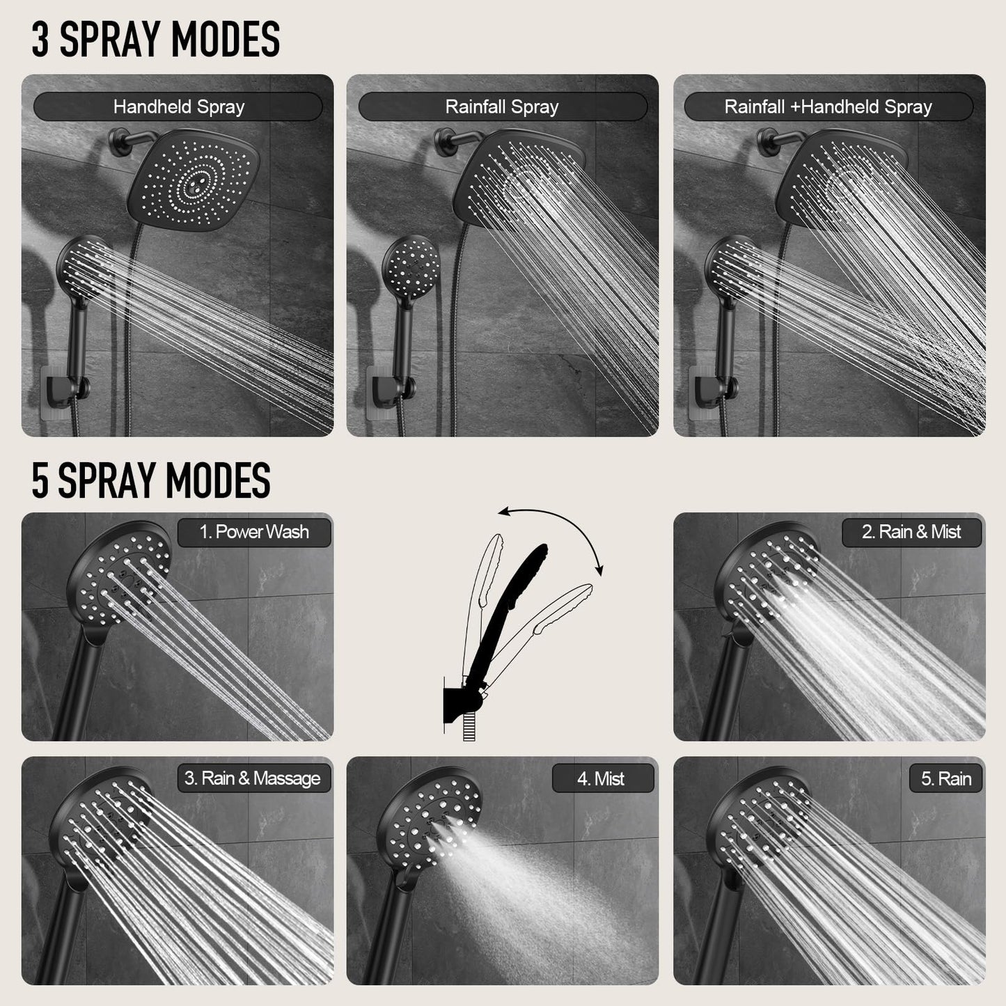 Veken Rain Shower Head with Handheld, High Pressure Rainfall Showerhead Combo with 5 Handheld Water Spray Modes for Bathroom Accessories, Home Decor, Detachable Dual Shower Heads, Matte Black, 10 Inch