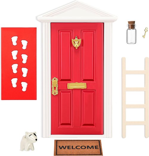 Christmas Elf Miniature Wooden Tooth Fairy Door Kit - Magical Red Fairy Door Set for DIY Room Decor | 18.5cm