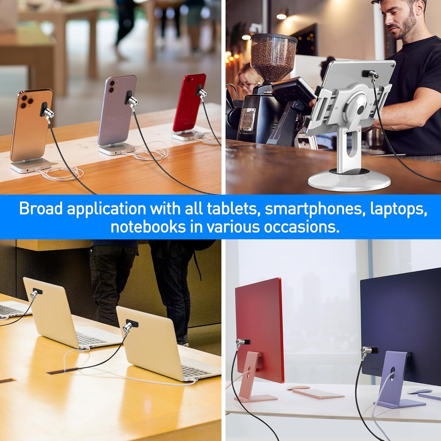 2 AboveTEK Laptop Lock, Tablet Lock Security Cable, Keys Sturdy Steel iPad Locking Kit w/Adhesive Anchors, Anti Theft